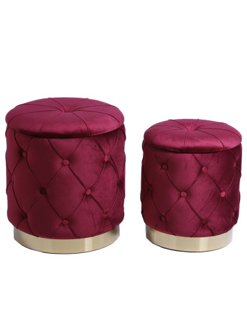 Set 2 Pouf contenitore in velluto Bordeaux base metal CHESTER