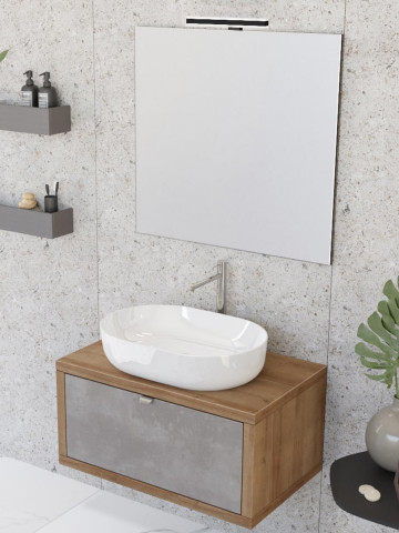 Mobile bagno sospeso 80 cm cassetto lavabo specchio DOMUS Rovere Farnia/Cemento Grigio scuro