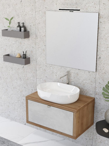 Mobile bagno sospeso 80 cm cassetto lavabo specchio DOMUS Rovere Farnia/Cemento Grigio Chiaro