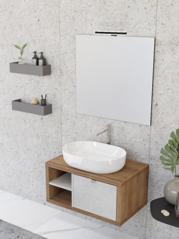 Mobile bagno sospeso 80 cm cassetto ripiano lavabo specchio DOMUS Rovere Farnia/Cemento grigio chiaro
