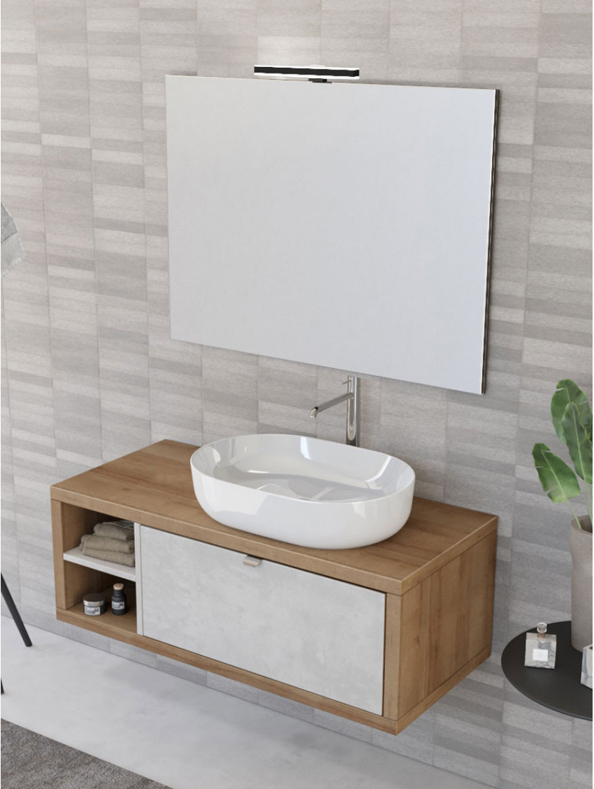 Mobile da bagno sospeso 110 cm con top rovere deciso opaco e vano a giorno con specchio - Fully