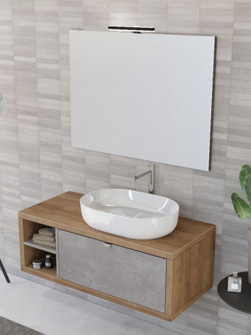Mobile bagno sospeso 110 cm cassetto ripiano lavabo specchio DOMUS Rovere Farnia/Cemento grigio chiaro