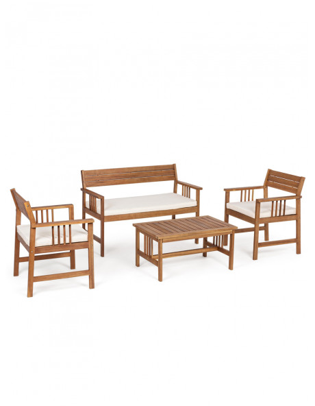 Set salotto con tavolino Bizzotto in legno di acacia e cuscini 4 posti Noemi