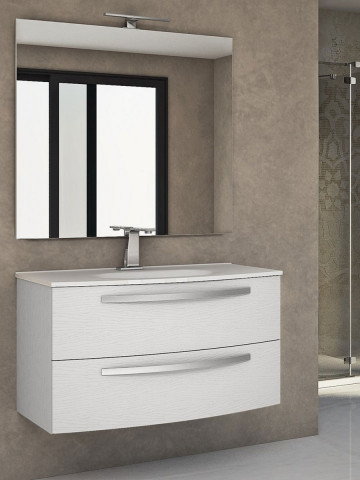 Mobile bagno sospeso curvo 100 cm 2 cassetti con lavabo e specchiera led STELLA Bianco frassinato
