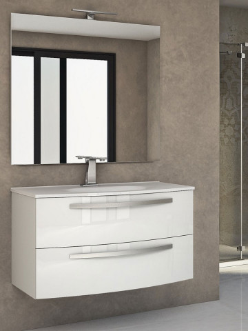 Mobile bagno sospeso curvo 100 cm 2 cassetti con lavabo e specchiera led STELLA Bianco lucido