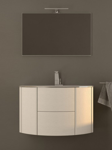 Mobile bagno curvo sospeso 90 cm 2 cassetti 2 ante lavabo e specchio led EDEN Bianco frassino