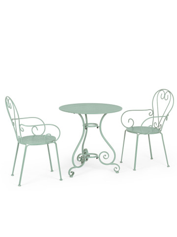 Set tavolo e 2 sedie bistrot con braccioli in ferro battuto impilabile ETIENNE Frosty