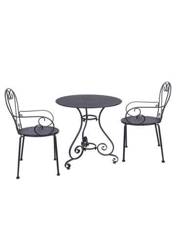 Set tavolo e 2 sedie bistrot con braccioli in ferro battuto impilabile ETIENNE Antracite
